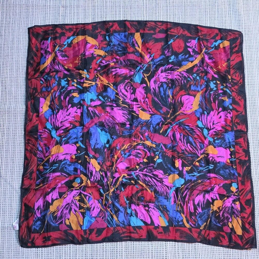 Vintage 100% Silk Square Scarf ACUTE Japan Colorful Feathers Print Hot Pink Red